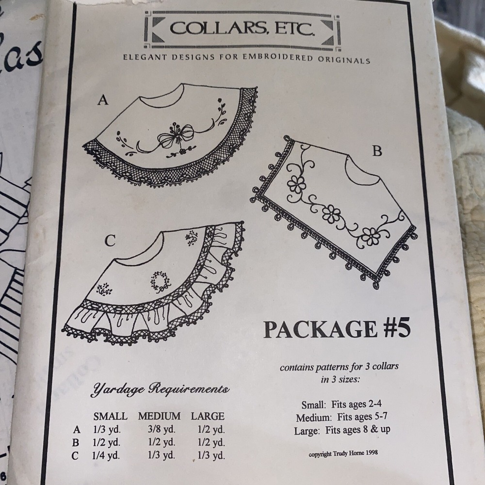Vintage Collars Etc Trudy Horne Package 5 Sewing Pattern Embroidered 1998